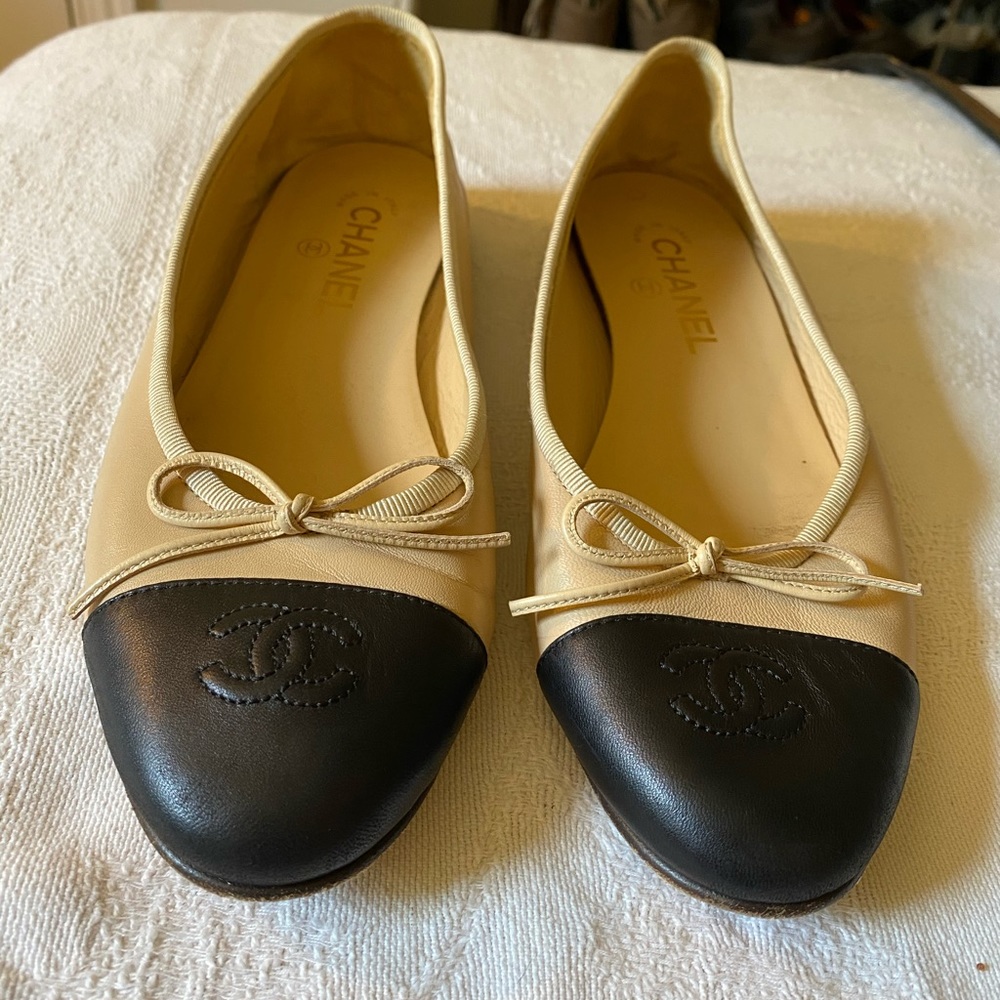 Chanel calfskin cream and black shoes